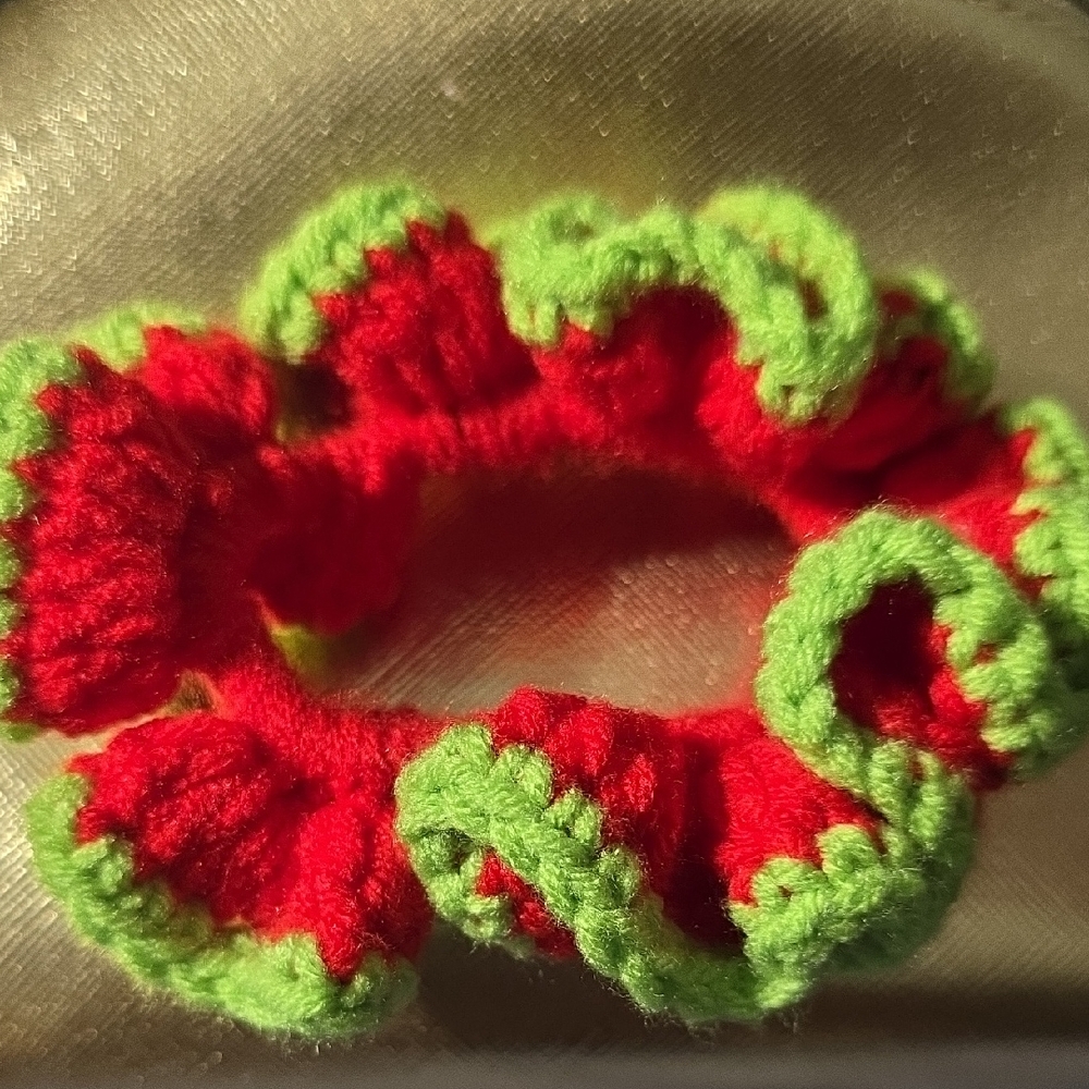 Festive Red and Green Crochet Hair Scrunchie